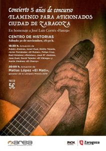 Cartel del concierto conmemorativo de los cinco años del Concurso de Flamenco para aficionados ciudad de Zaragoza.