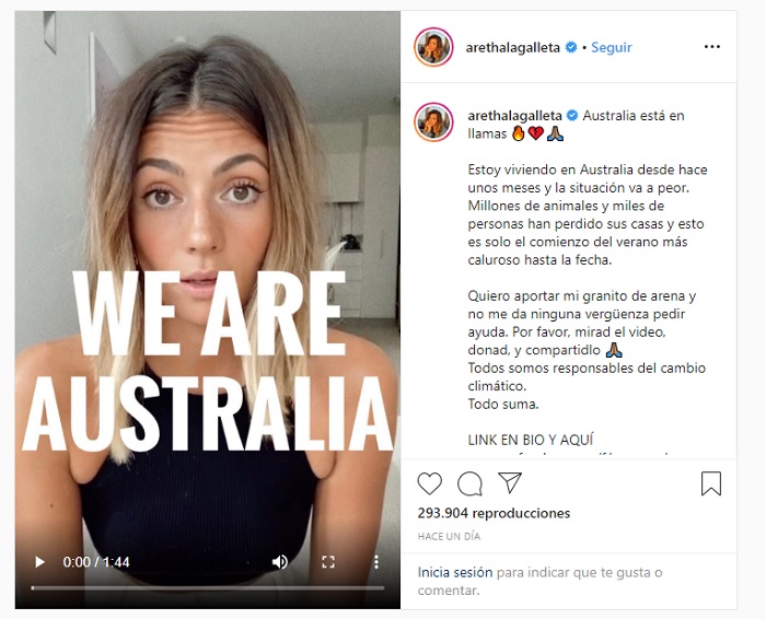 La influencer Aretha Fusté pide ayuda en un vídeo para salvar Australia.