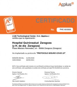 Quirónsalud Zaragoza recibe la certificación Applus+ Protocolo Seguro